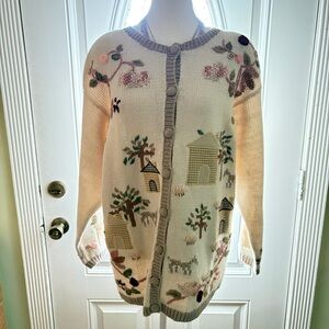 Hard to find Charming Cream trendy Cardigan with Floral and House Embroidery